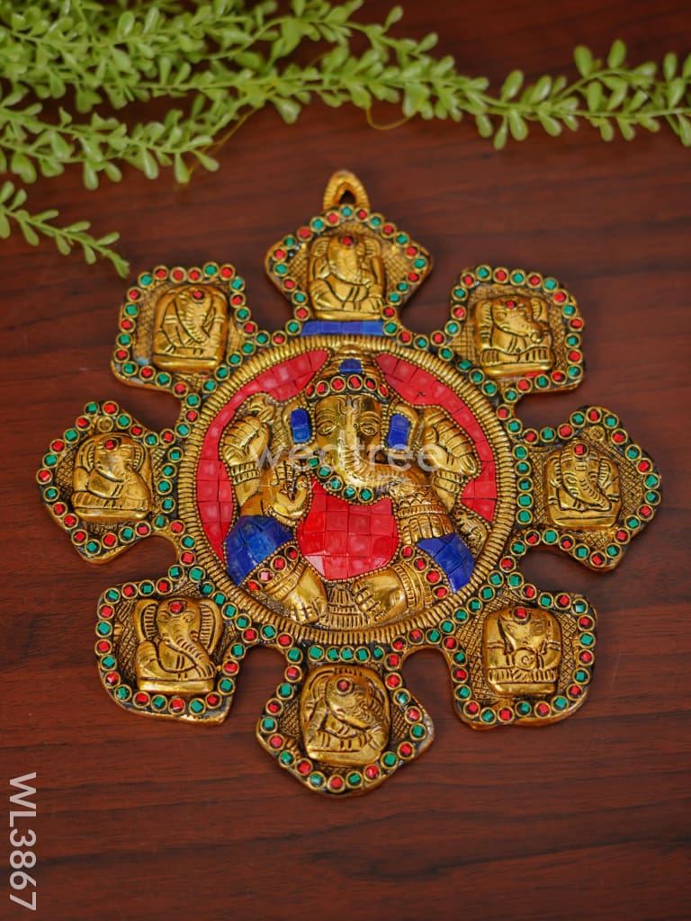 White Metal Navaganesha Wall Hanging with Multi-Colour Stone Work - WL3867