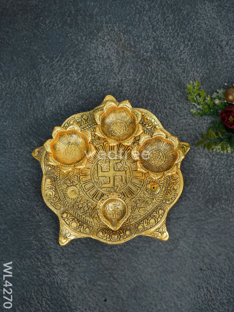 White Metal Swastik Pooja Thali with Diya - WL4270