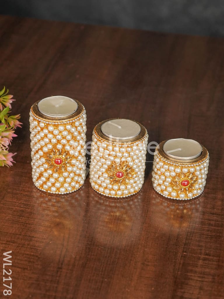 Wooden Candle Holder with Tile Work ( set of 3) - WL2178
