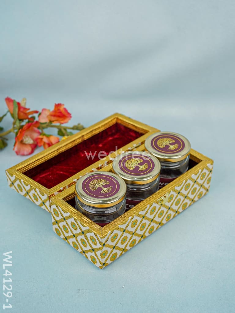 Wooden Dry Fruit Container with 3 glass jars - Meenakari Work - WL4129