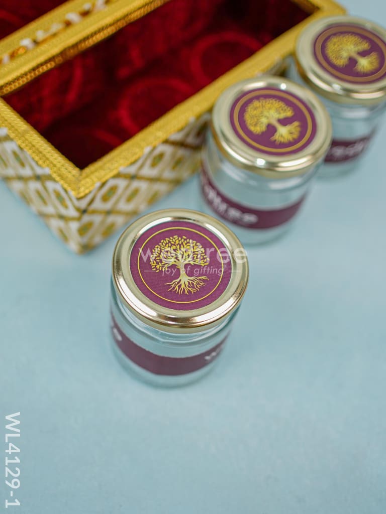 Wooden Dry Fruit Container with 3 glass jars - Meenakari Work - WL4129