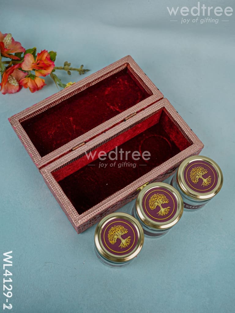Wooden Dry Fruit Container with 3 glass jars - Meenakari Work - WL4129