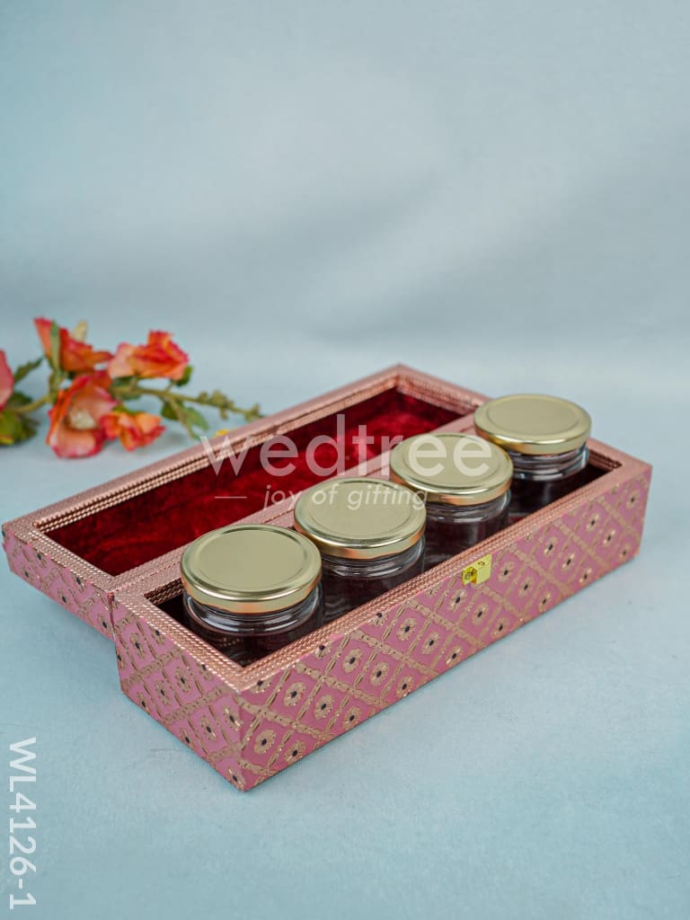 Wooden Dry Fruit Container with 4 glass jars - Meenakari Work - WL4126-1