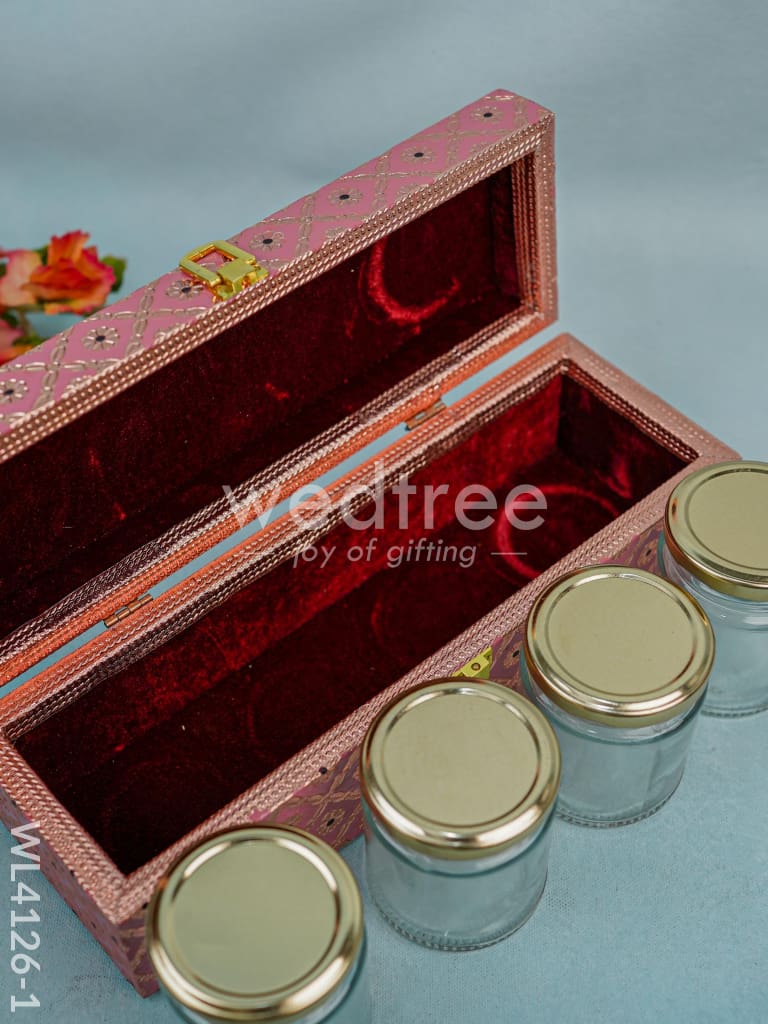Wooden Dry Fruit Container with 4 glass jars - Meenakari Work - WL4126-1