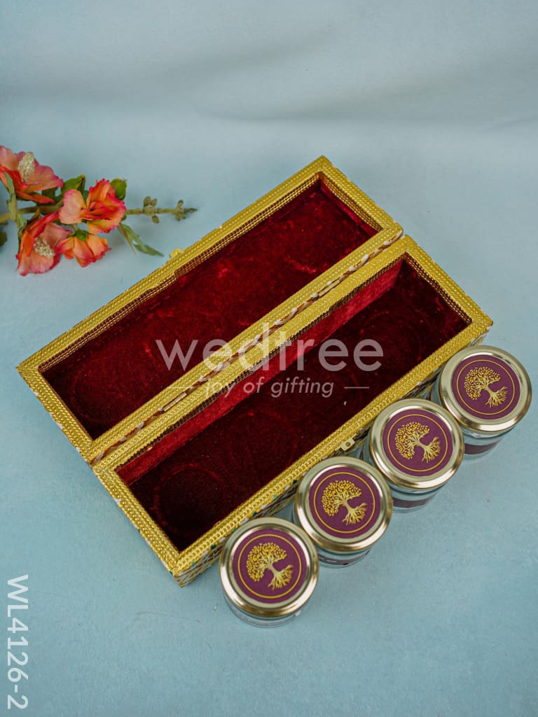 Wooden Dry Fruit Container with 4 glass jars - Meenakari Work - WL4126-2