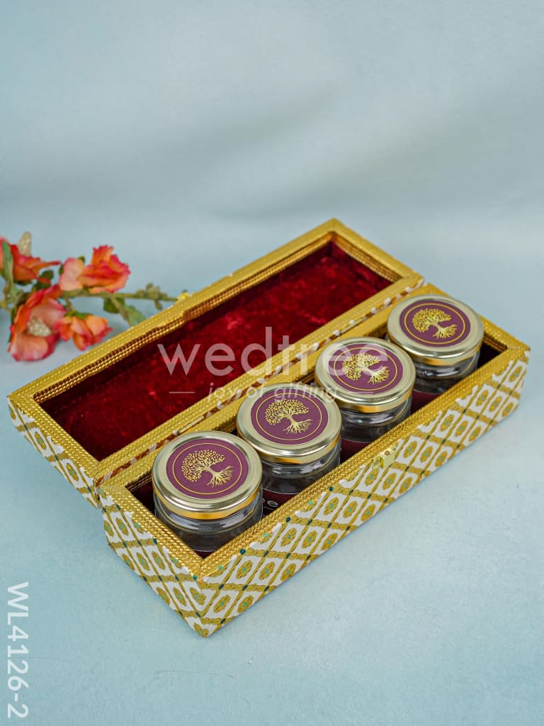 Wooden Dry Fruit Container with 4 glass jars - Meenakari Work - WL4126-2