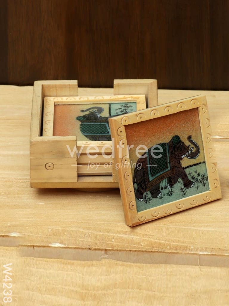 Wooden Hand Painted Coasters (Set of 4) with a Revolving Stand - W4238