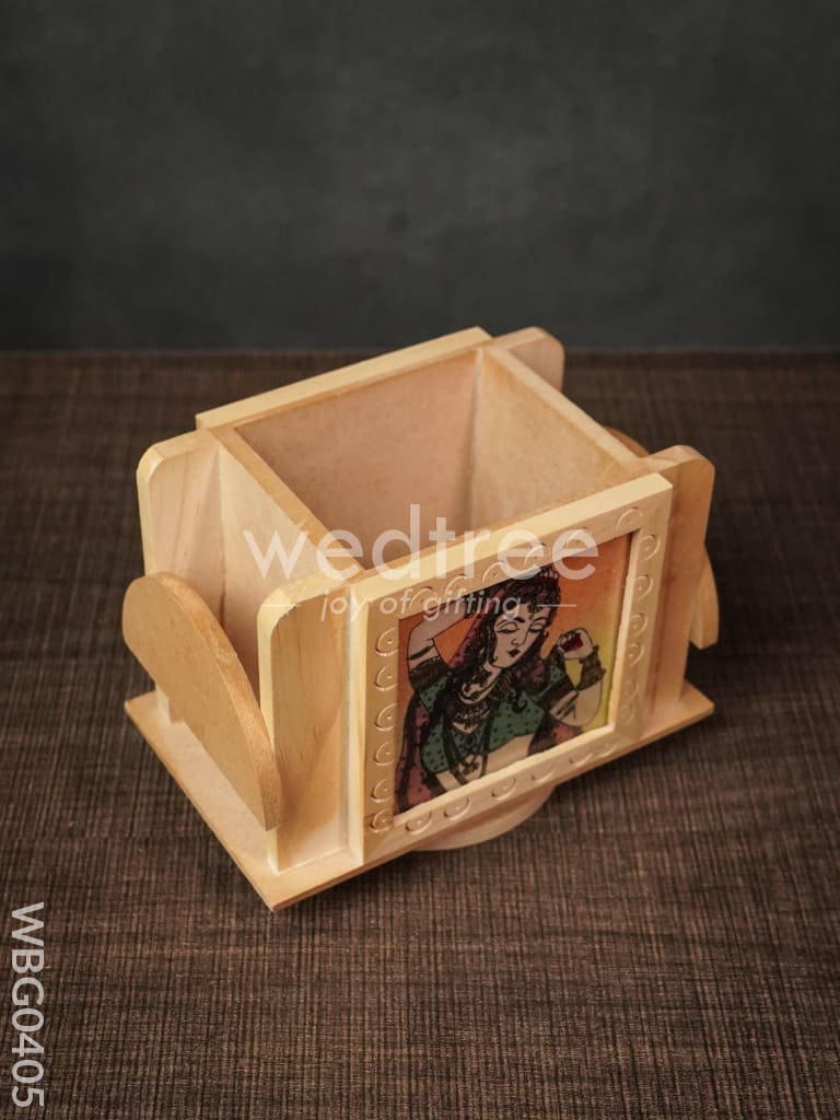 Wooden Hand Painted Revolving Pen Stand with Card Holder - WBG0405