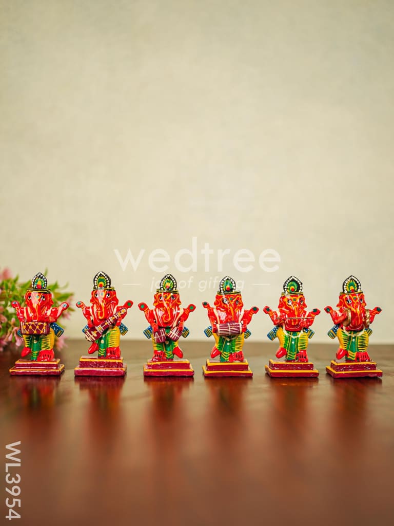 Wooden Musical Ganesha - Set of 6 - Kondapalli - WL3954