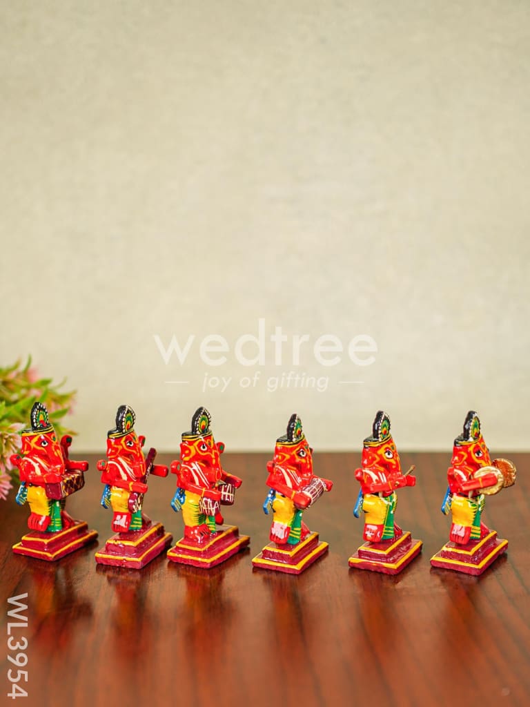 Wooden Musical Ganesha - Set of 6 - Kondapalli - WL3954