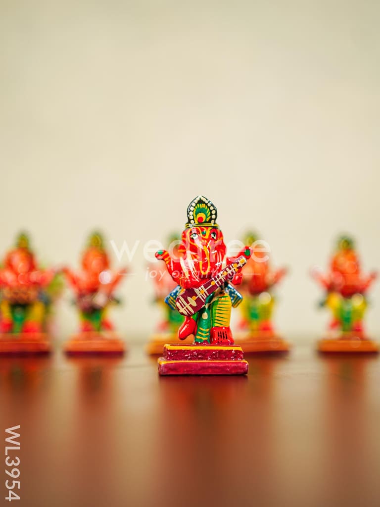 Wooden Musical Ganesha - Set of 6 - Kondapalli - WL3954