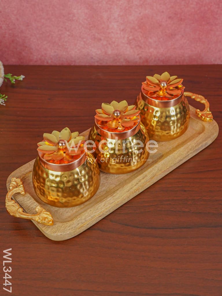 Wooden Plate with 3 Brass Dry Fruit Box - WL3447