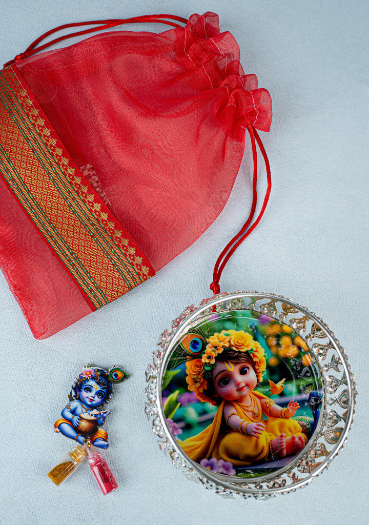Navratri Combo - Tissue String Bag with German Silver Bowl - Baby Krishna Design & Krishna Haldi Kumkum Set - WGC0091
