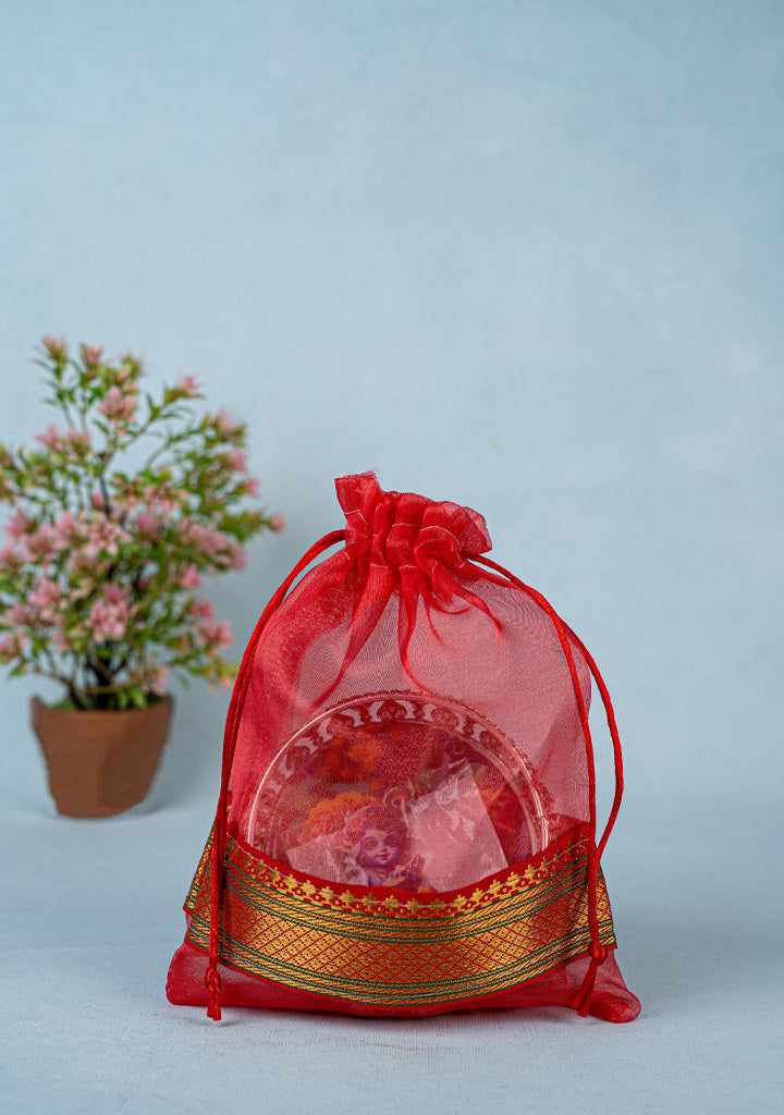 Navratri Combo - Tissue String Bag with German Silver Bowl - Baby Krishna Design & Krishna Haldi Kumkum Set - WGC0091