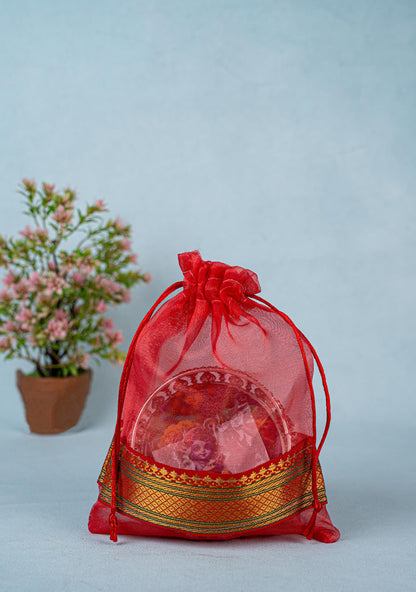Navratri Combo - Tissue String Bag with German Silver Bowl - Baby Krishna Design & Krishna Haldi Kumkum Set - WGC0091