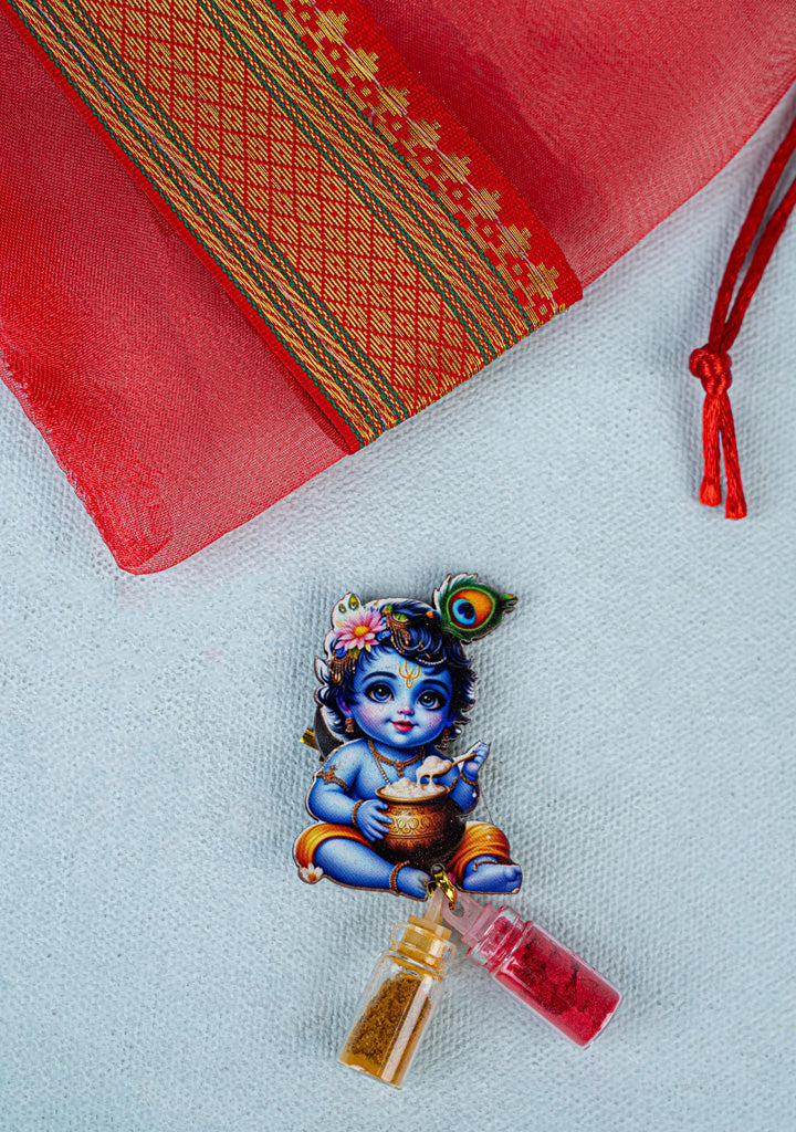 Navratri Combo - Tissue String Bag with German Silver Bowl - Baby Krishna Design & Krishna Haldi Kumkum Set - WGC0091