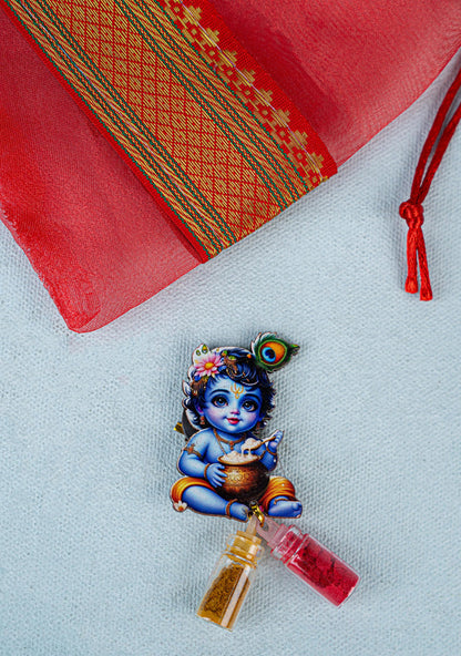 Navratri Combo - Tissue String Bag with German Silver Bowl - Baby Krishna Design & Krishna Haldi Kumkum Set - WGC0091