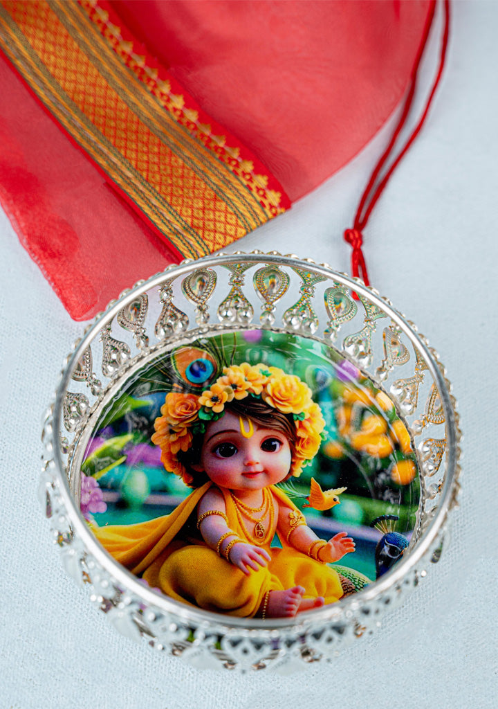 Navratri Combo - Tissue String Bag with German Silver Bowl - Baby Krishna Design & Krishna Haldi Kumkum Set - WGC0091