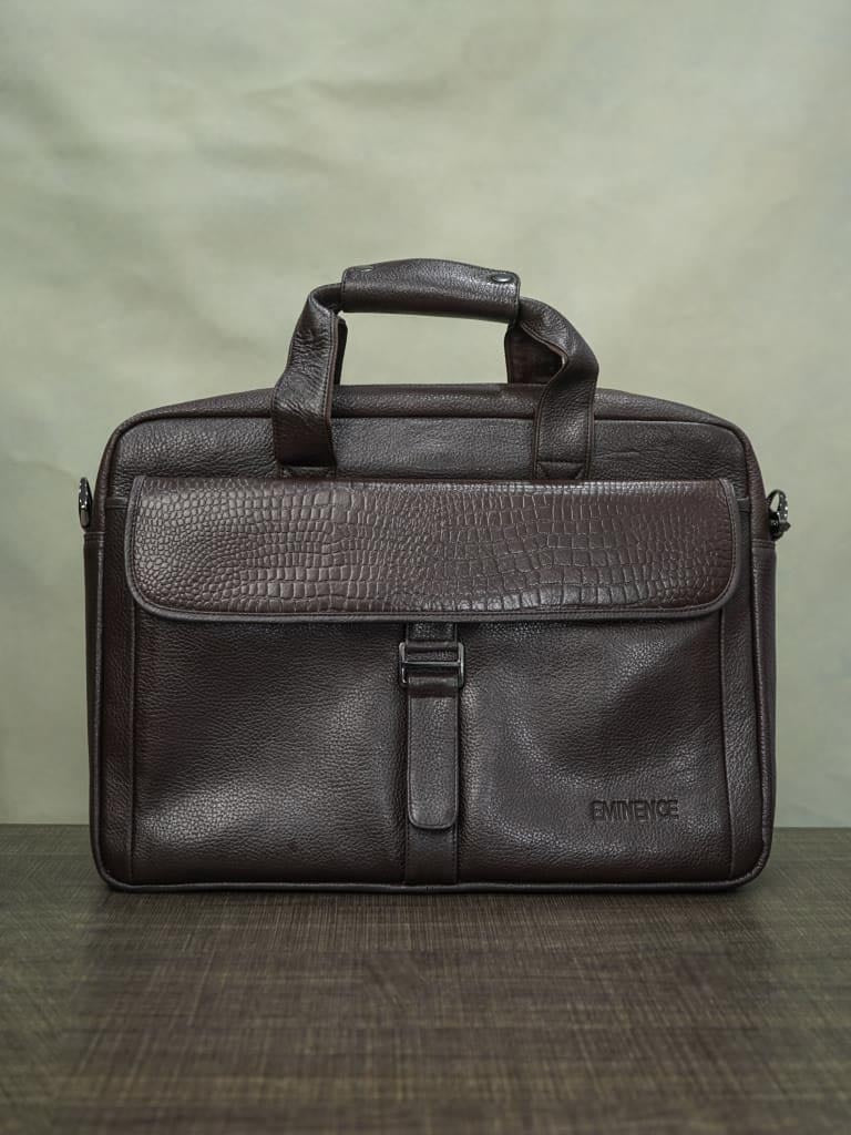 Laptop Bag in Leather with Gold Flap - Dark Brown - BCG0010