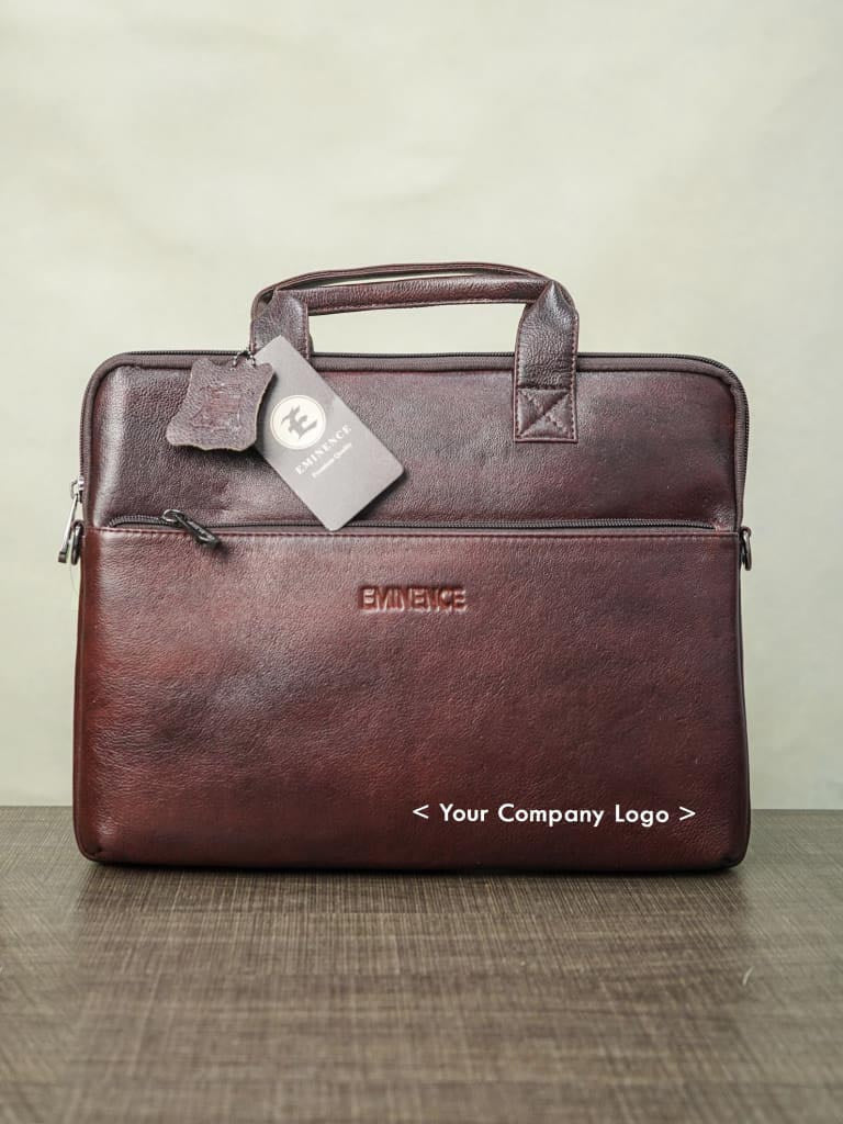 Laptop Bag in Leather with Sleck Pattern - Dark Brown - BCG0016
