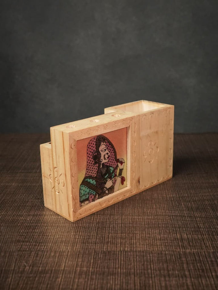 Wooden Hand Painted Pen Stand with Card Holder - BCG0113
