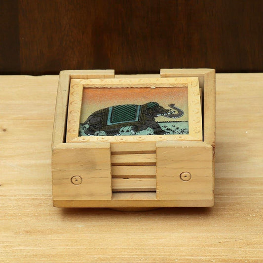 Wooden Hand Painted Coasters (Set of 4) with a Revolving Stand - BCG0127