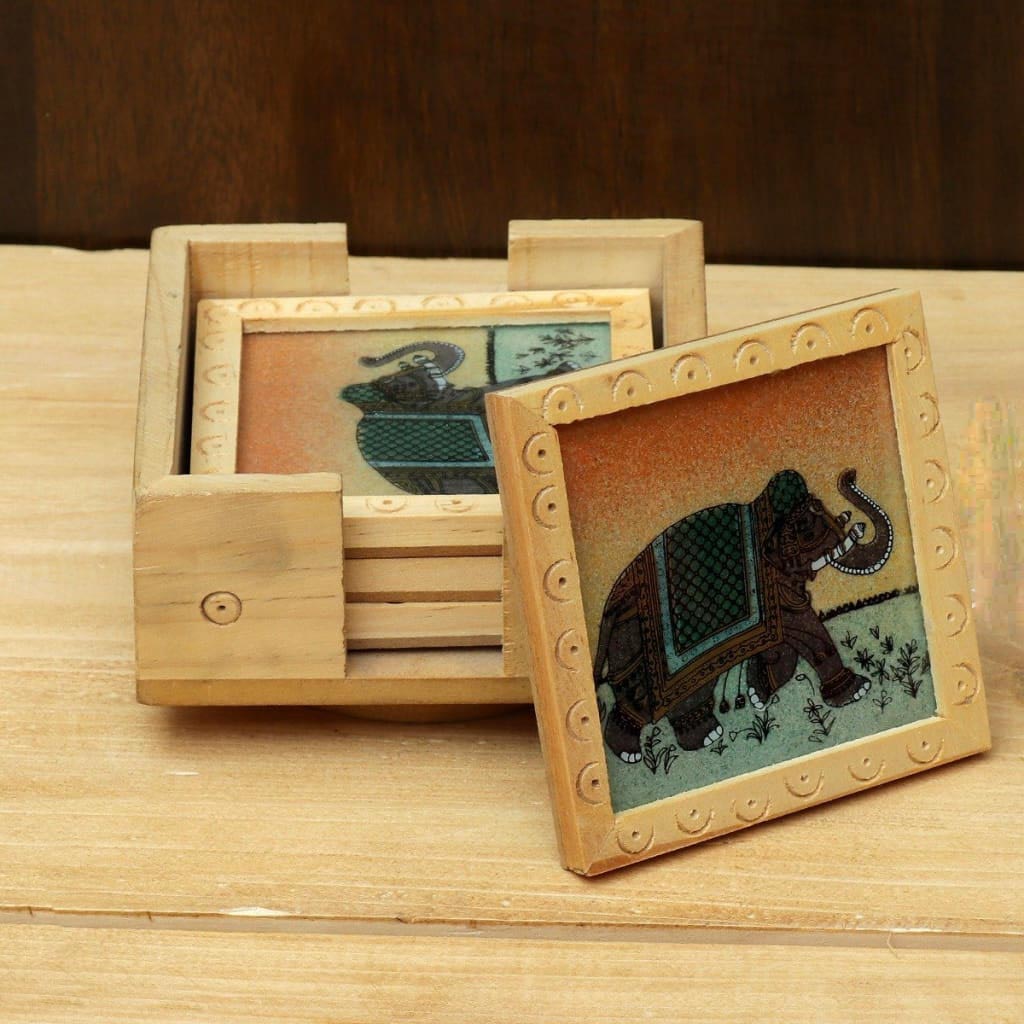Wooden Hand Painted Coasters (Set of 4) with a Revolving Stand - BCG0127