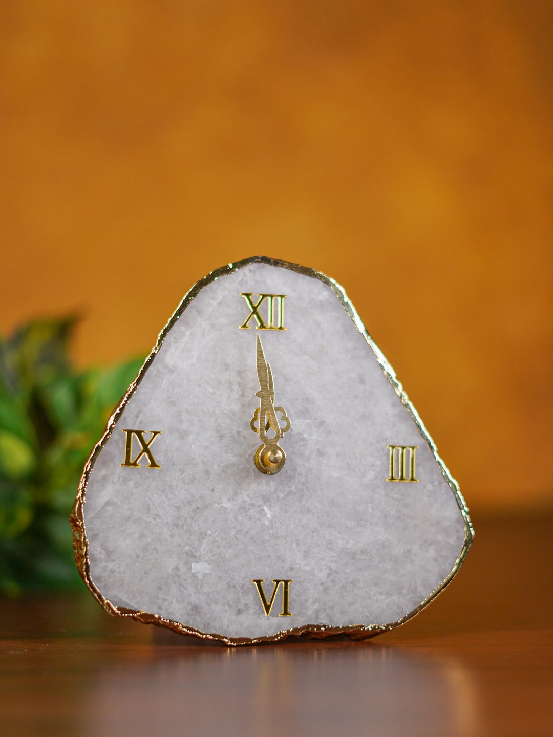 Gemstone Electroplated Gold Edge Table Clock - White - BCG0169