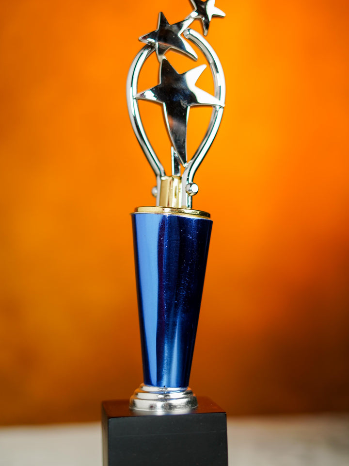 Wooden Blue Trophy with 3 Stars - BCG0216