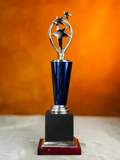 Wooden Blue Trophy with 3 Stars - BCG0216