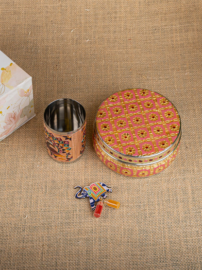 Gift Hamper - Meenakari Glass with Poori Box and Haldi Kumkum Set - WMH0006