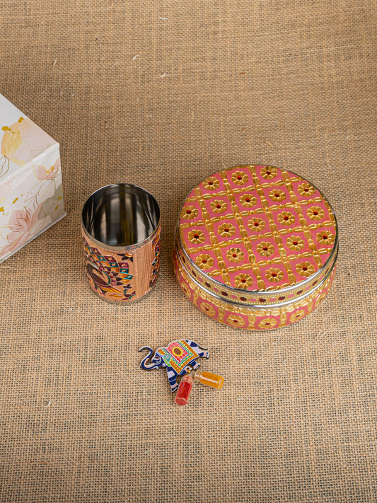 Gift Hamper - Meenakari Glass with Poori Box and Haldi Kumkum Set - WMH0006