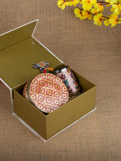 Gift Hamper - Meenakari Glass with Poori Box and Haldi Kumkum Set - WMH0006