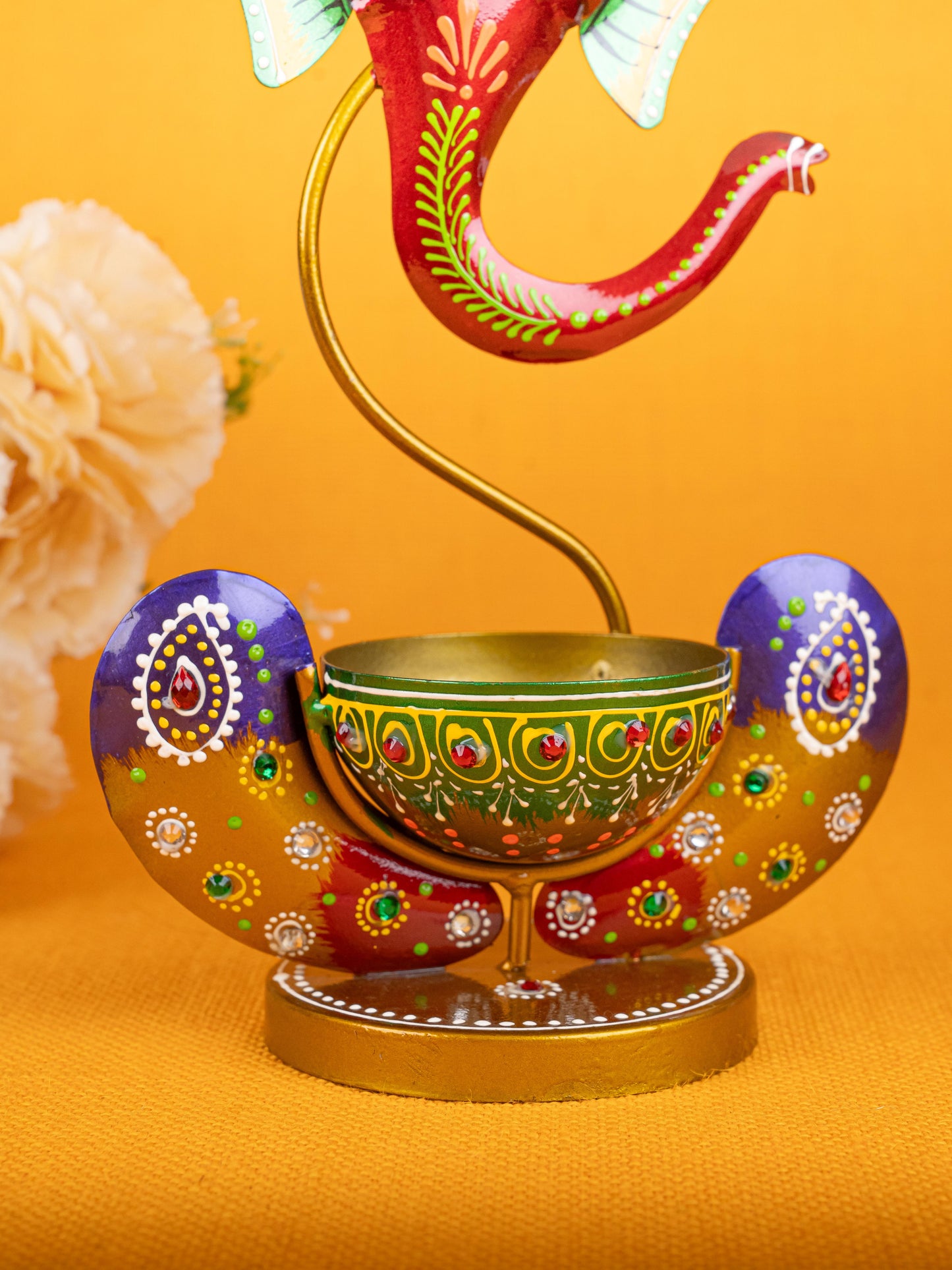Metal Handpainted Ganesha T Light Holder - W3351-2