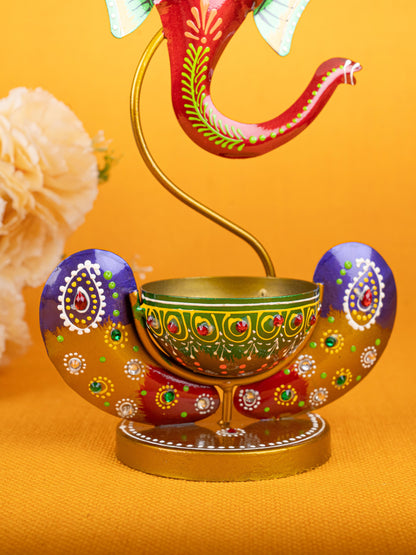 Metal Handpainted Ganesha T Light Holder - W3351-2