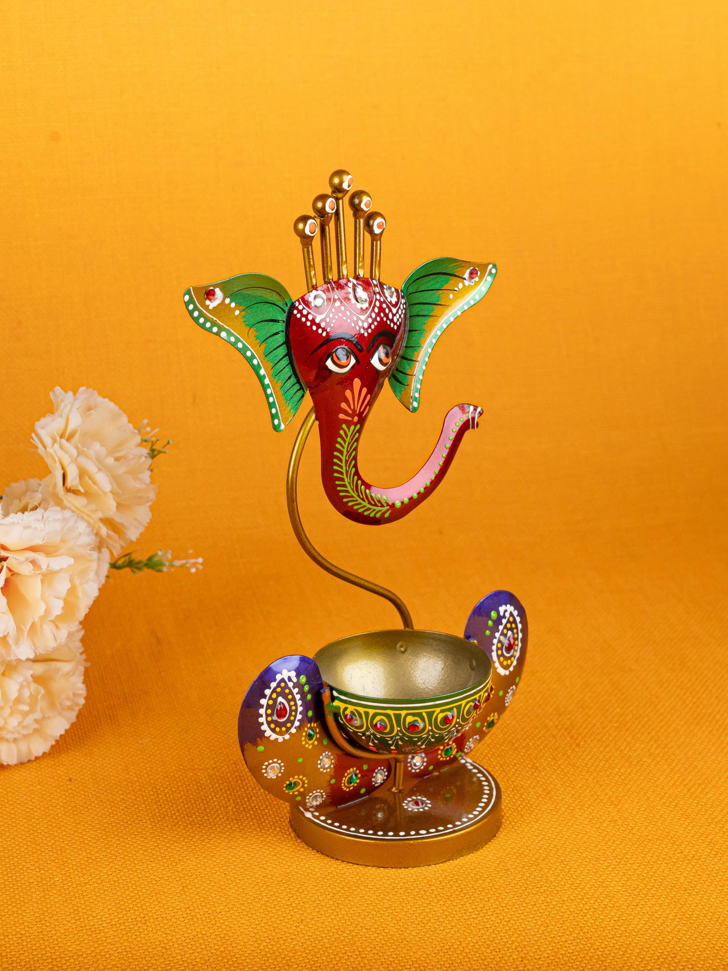 Metal Handpainted Ganesha T Light Holder - W3351-2