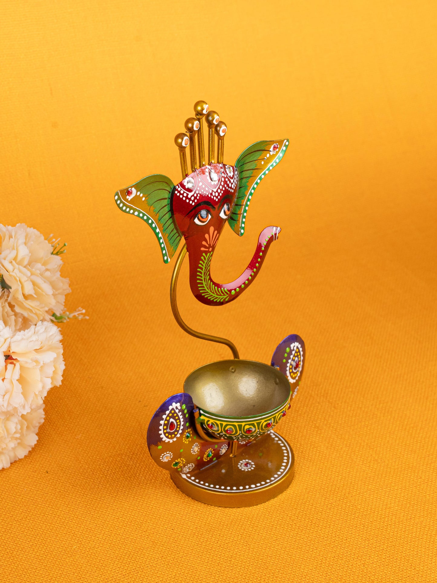 Metal Handpainted Ganesha T Light Holder - W3351-2