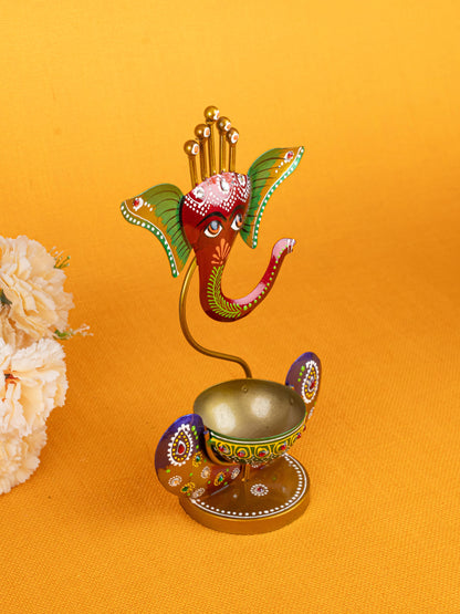 Metal Handpainted Ganesha T Light Holder - W3351-2