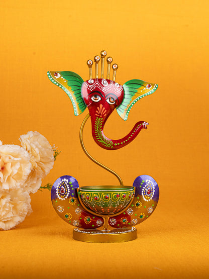 Metal Handpainted Ganesha T Light Holder - W3351-2