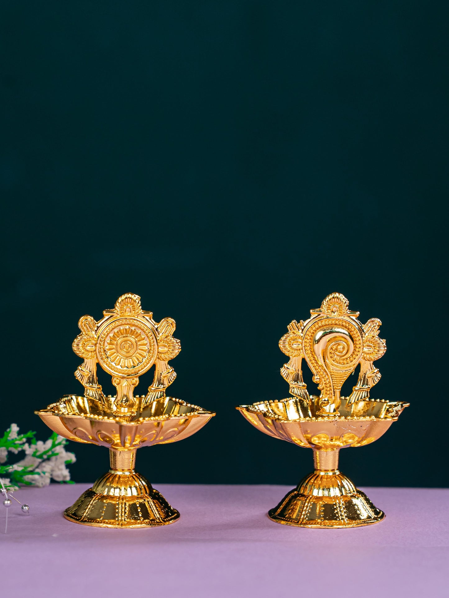 Zinc Alloy Shanku Chakra Diya - Gold - 3 inch - WBG1799-1