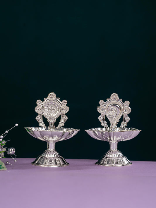 Zinc Alloy Shanku Chakra Diya - Silver - 3 inch - WBG1799-2