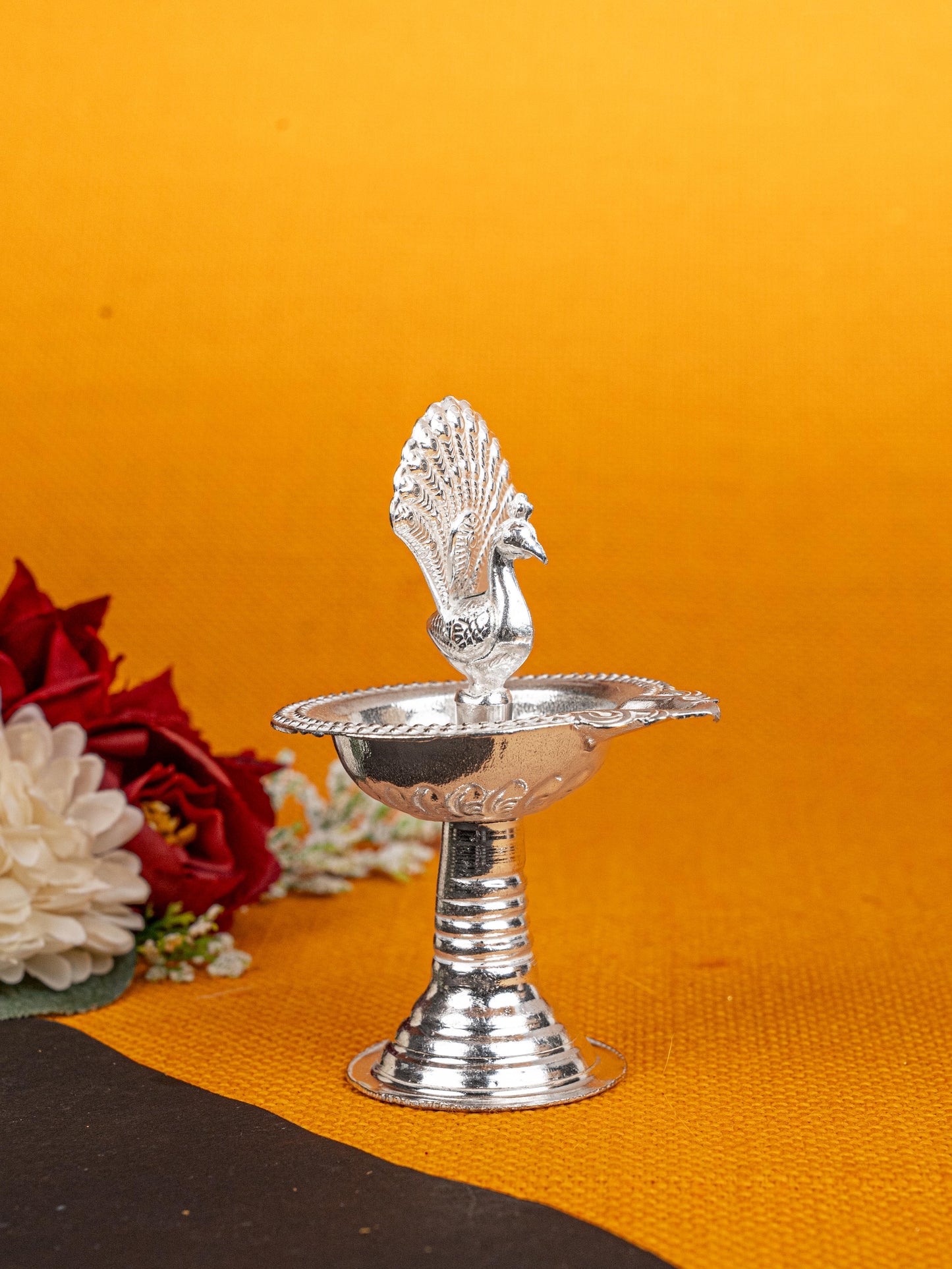 German Silver Peacock Diya - 4 inch - WBG1811