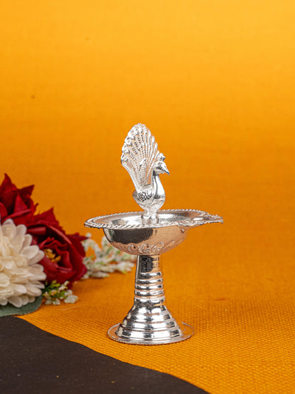 German Silver Peacock Diya - 4 inch - WBG1811