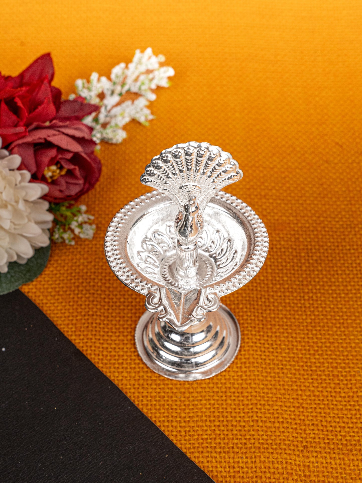 German Silver Peacock Diya - 4 inch - WBG1811