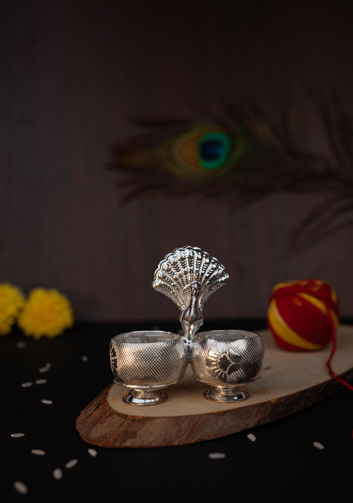 German Silver Peacock 2 Cup Kumkum - 3 inch - WBG1813