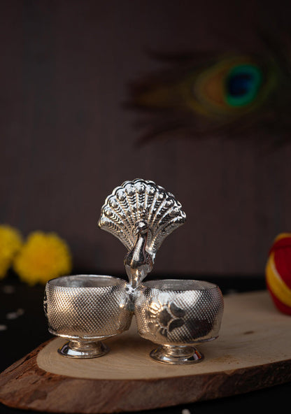 German Silver Peacock 2 Cup Kumkum - 3 inch - WBG1813