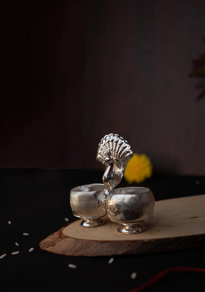 German Silver Peacock 2 Cup Kumkum - 3 inch - WBG1813