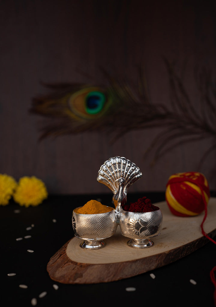 German Silver Peacock 2 Cup Kumkum - 3 inch - WBG1813