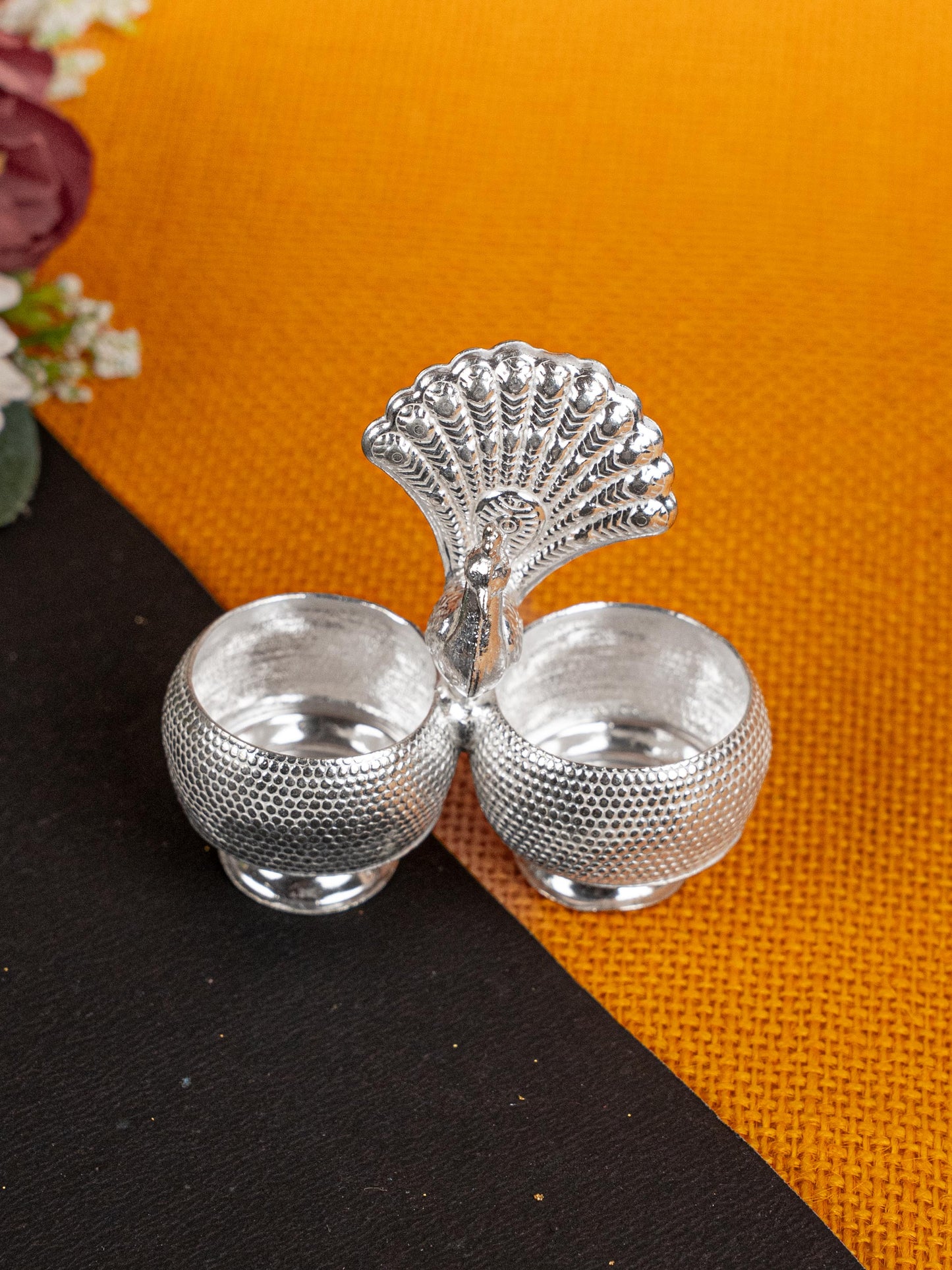 German Silver Peacock 2 Cup Kumkum - 3 inch - WBG1813