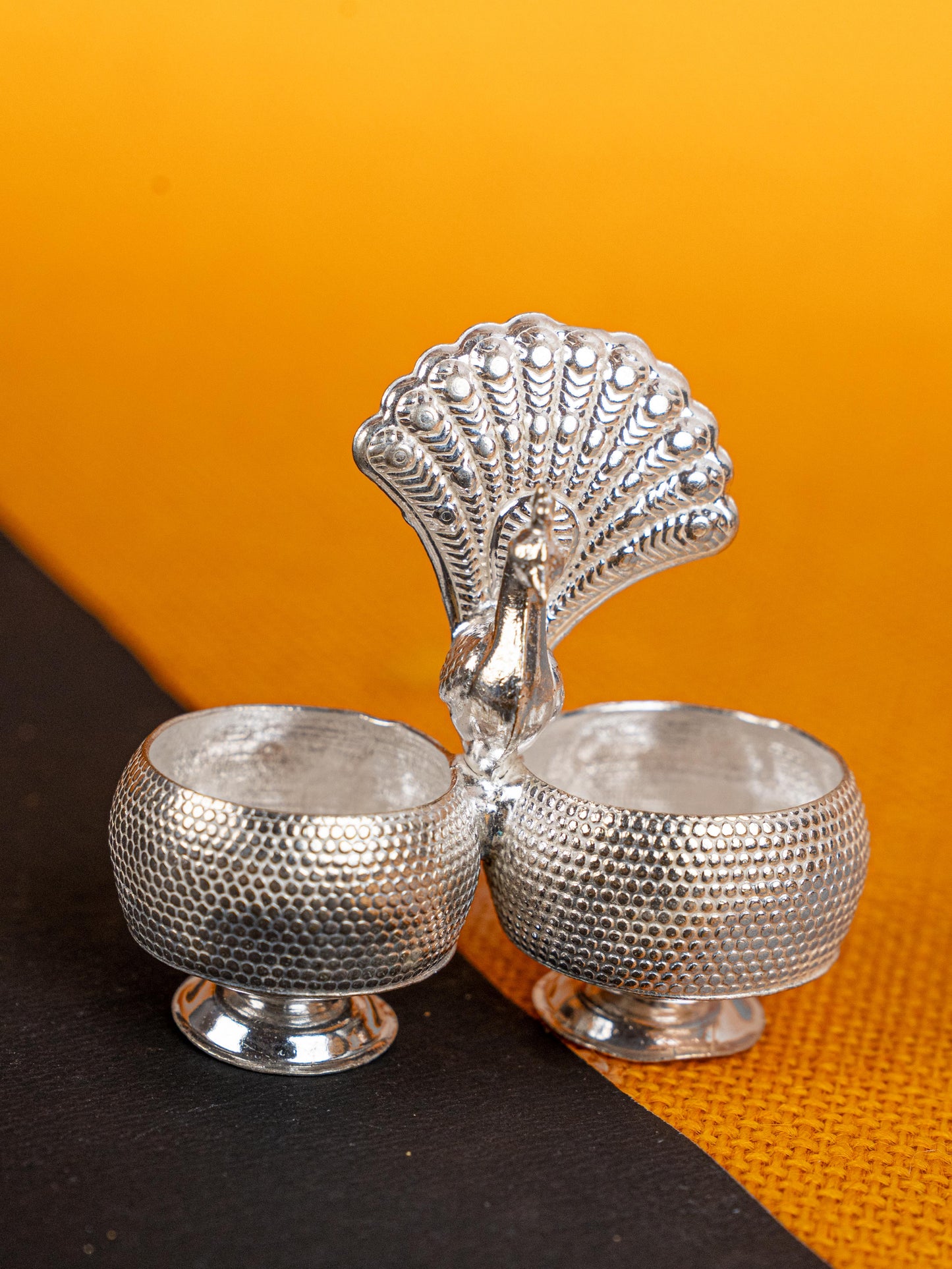 German Silver Peacock 2 Cup Kumkum - 3 inch - WBG1813